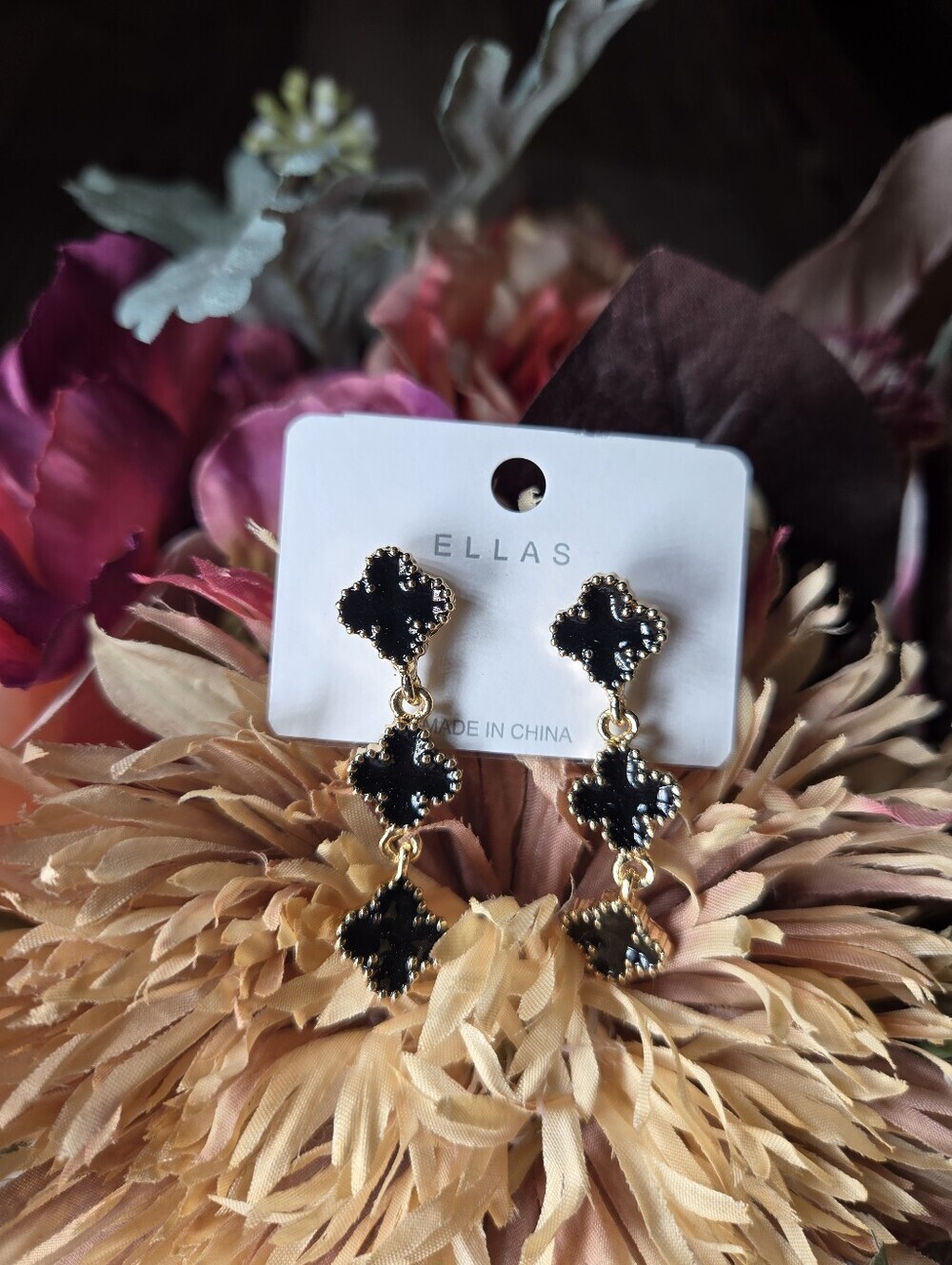 NWT ELLAS Black and Gold Clover Drop Earrings - Picture 8 of 16